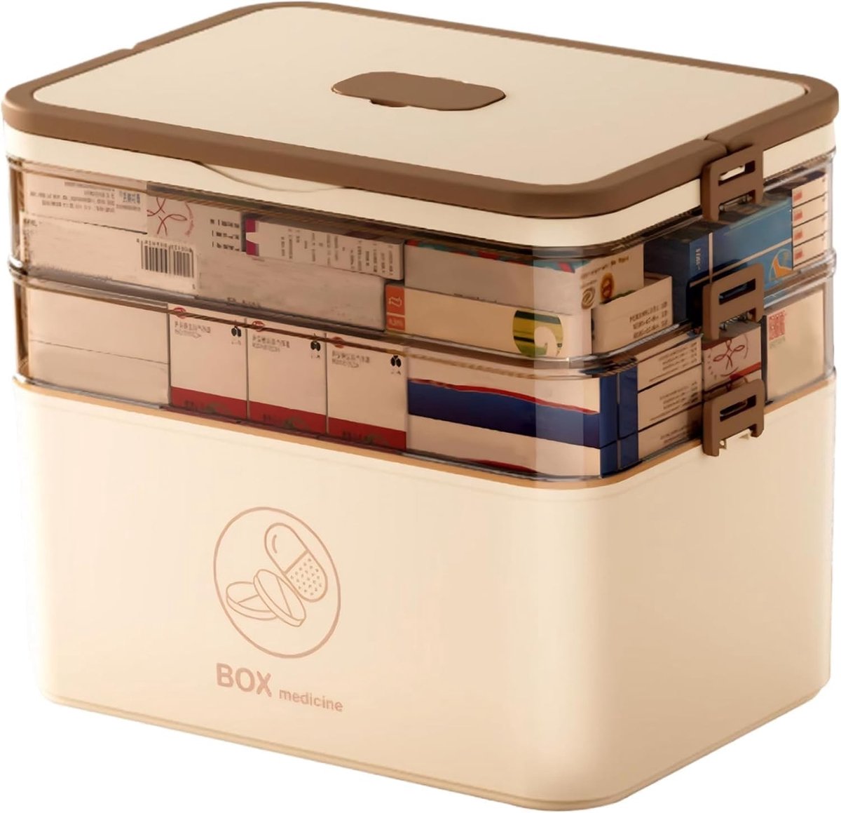 Grote, 3-vaks medicijnbox met handvat van plastic, ideaal voor tabletten, pillen en vitamines (40,5 x 28 x 22 cm)