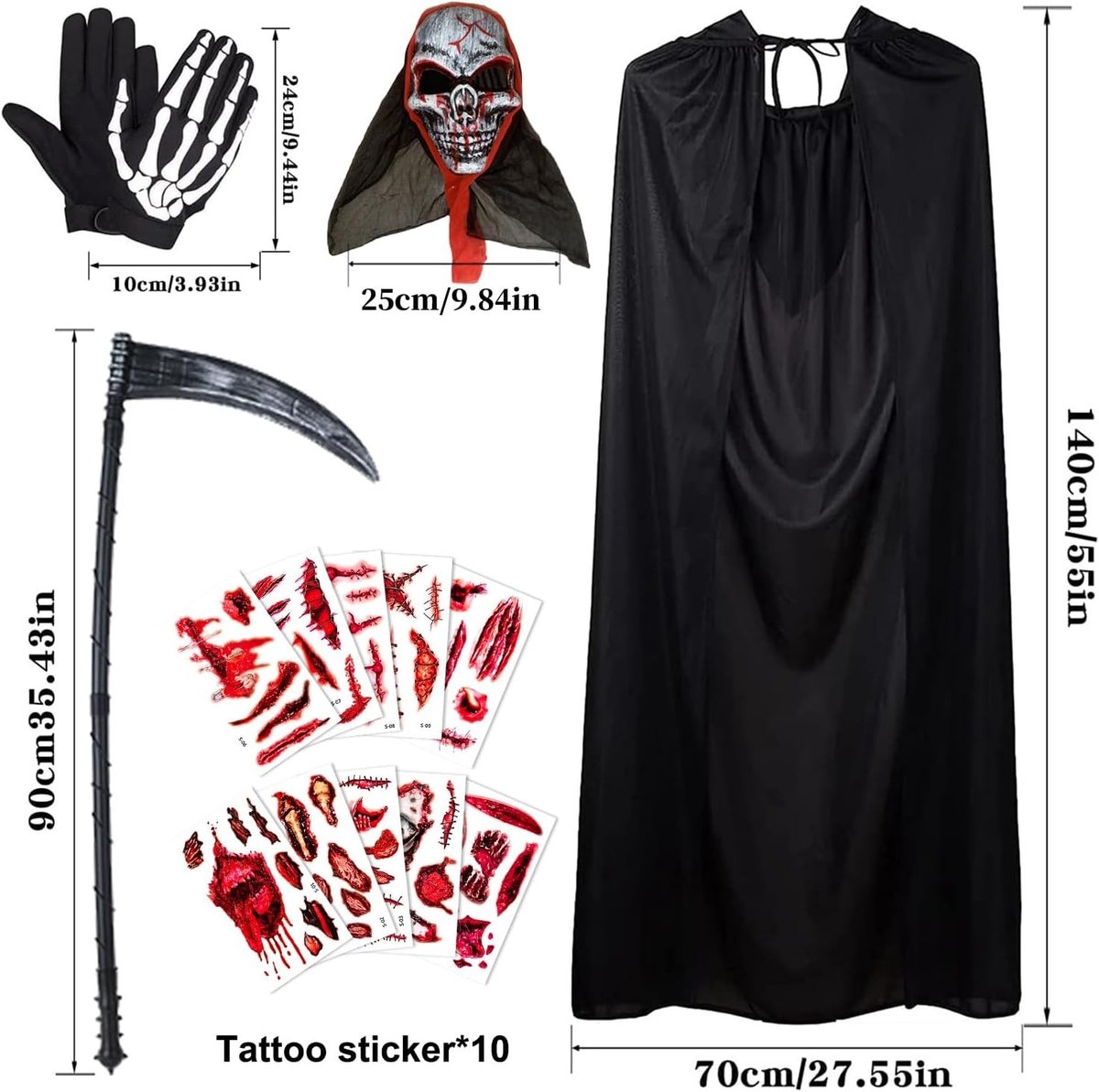 Halloween Kostuum met Kap voor Volwassenen - Zwarte Cape voor Skelet Cosplay en Feestdecoratie