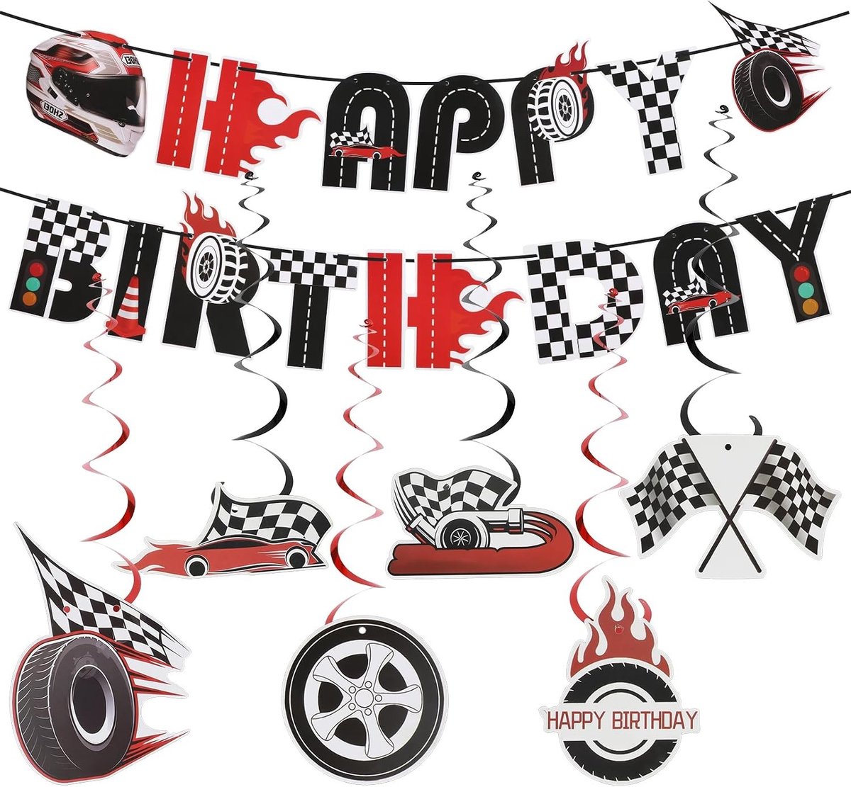 Verjaardagsdecoratie met Racing Auto Thema, Feestbanner met Strik, Kleurige Versiering voor Kinderfeestje, 300 cm Lang