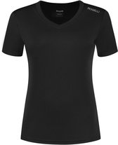 Zwart sportshirt met korte mouwen, V-hals en Rogelli-logo op de linkerschouder. Etiket met maat M.