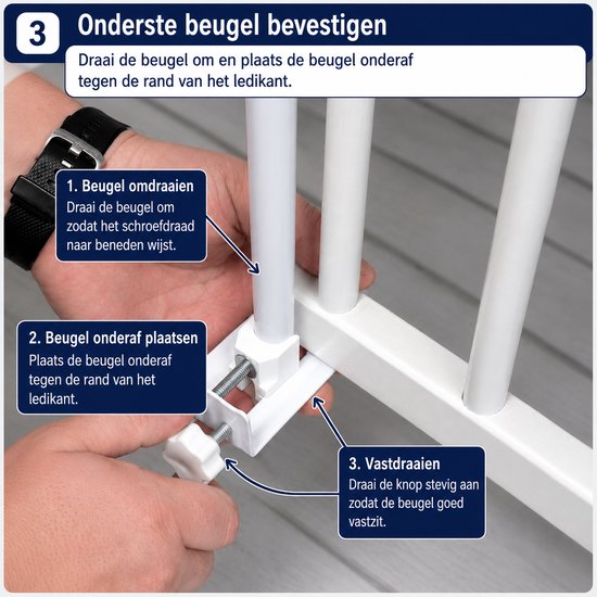 Handen draaien en plaatsen een witte beugel onder de rand van een wit ledikant, met schroefdraad naar beneden gericht.