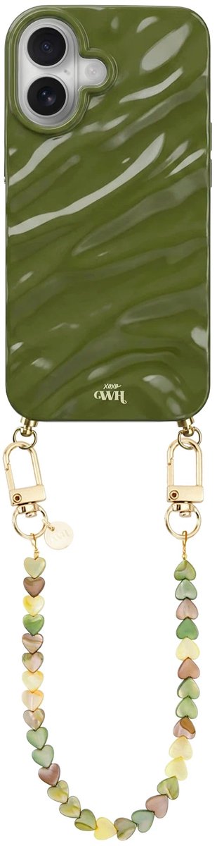 xoxo Wildhearts Green Glaze telefoonhoesje met koord - geschikt voor iPhone 17 - Shell Hearts Olives (kort koord) - Dream hoesje met telefoonkoord - Glimmende silicone case met plooien - Hartjesketting - Groen
