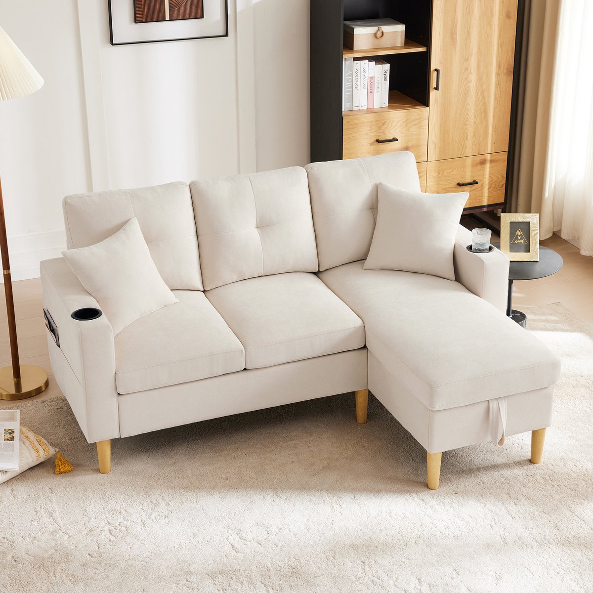 Woonkamer Hoekbank, L-Bank, 3-Zits Bank, L-Vormige Moderne Bank, 3-Zits Bank Met Chaise Longue, Opbergruimte, Geïntegreerde Bekerhouder, Wordt Geleverd Met 2 Kussens, Geschikt Voor Woonkamer, Beige