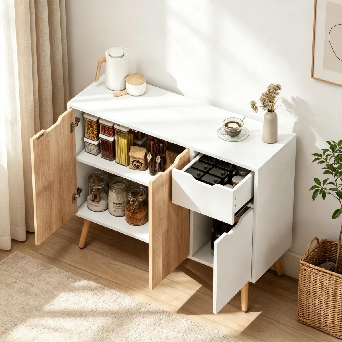 REDOM - Dressoir - 2 kasten en uittrekbare lade - Opbergmeubel voor servies en accessoires - Scandinavisch - Hout en spaanplaat - Wit en lichte eik - 90 x 30 x 72 cm