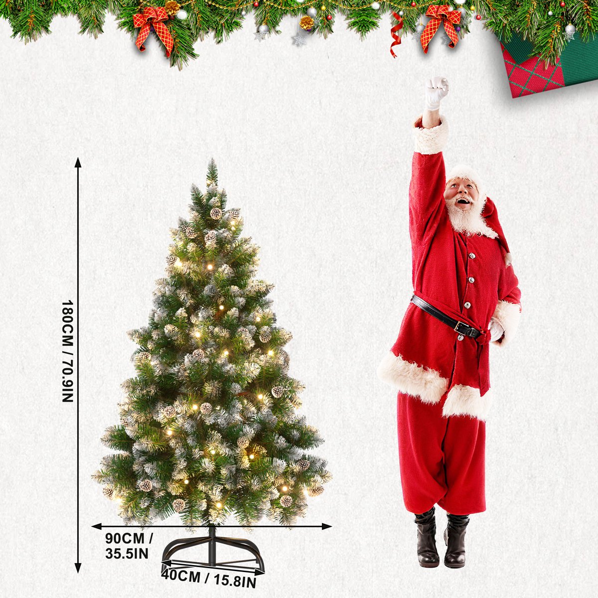 Kunstkerstboom 180 cm met LED Verlichting - Brandvertragend PVC - met Sneeuw en Dennenappels - Metalen Voet - Kerstdecoratie voor Huis en Etalage - NAIZY – foto 2