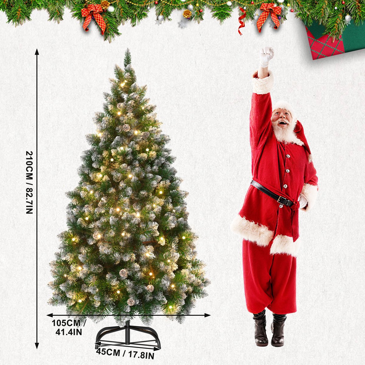 Kunstkerstboom 210 cm met LED Verlichting - Brandvertragend PVC - met Sneeuw en Dennenappels - Metalen Voet - Kerstdecoratie voor Huis en Etalage - NAIZY – foto 2