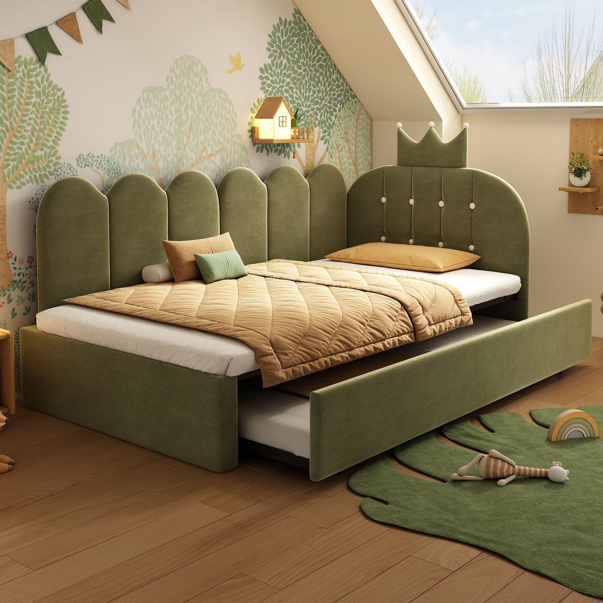Lemlit Kinderbed 90x200 cm - Sofa Bed met Uitschuifbed, Kinderbank Bed en Dagbed met Kronen Gitterdesign, Fluwelen Bedframe met Extra Slaapplaats voor Kinderkamer Gastenkamer - Groen