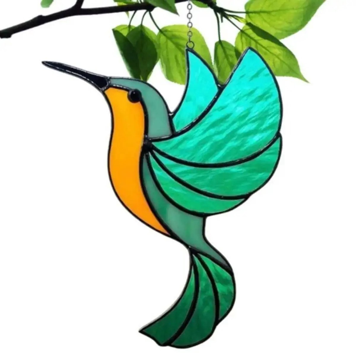 Suncatcher Kolibrie Mintgroen & Oranje - Acryl Raamdecoratie Hanger - Glas-in-lood Stijl - 8 cm - Zonnevanger & Kersthanger