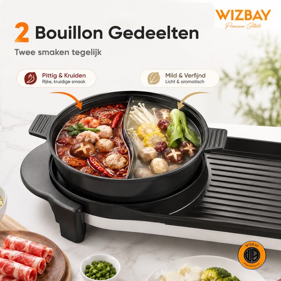 WizBay Premium Select® 4 in 1 Dual Aziatische Shabu HotPot - Afneembare Pan - Funcooking - 2 Bouillon Gedeelten - Grill - Gourmetten - Fondue - 6 tot 8 Personen - 2200W - Anti Aanbaklaag - 73 cm Lang — afbeelding 2