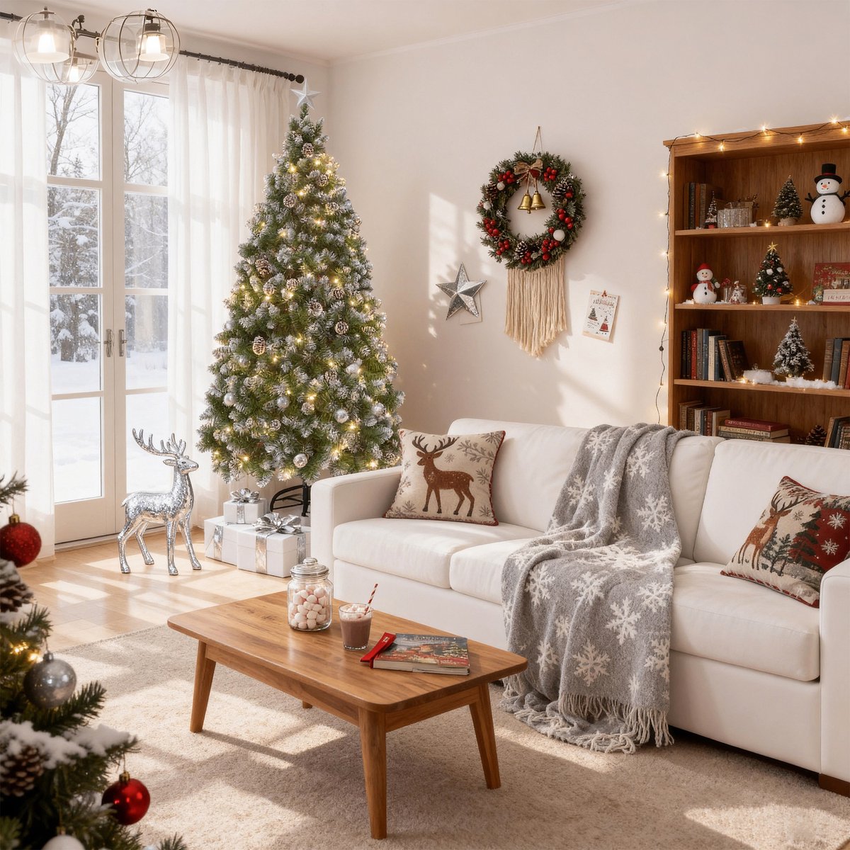 Kunstkerstboom 210 cm met LED Verlichting - Brandvertragend PVC - met Sneeuw en Dennenappels - Metalen Voet - Kerstdecoratie voor Huis en Etalage - NAIZY – foto 5