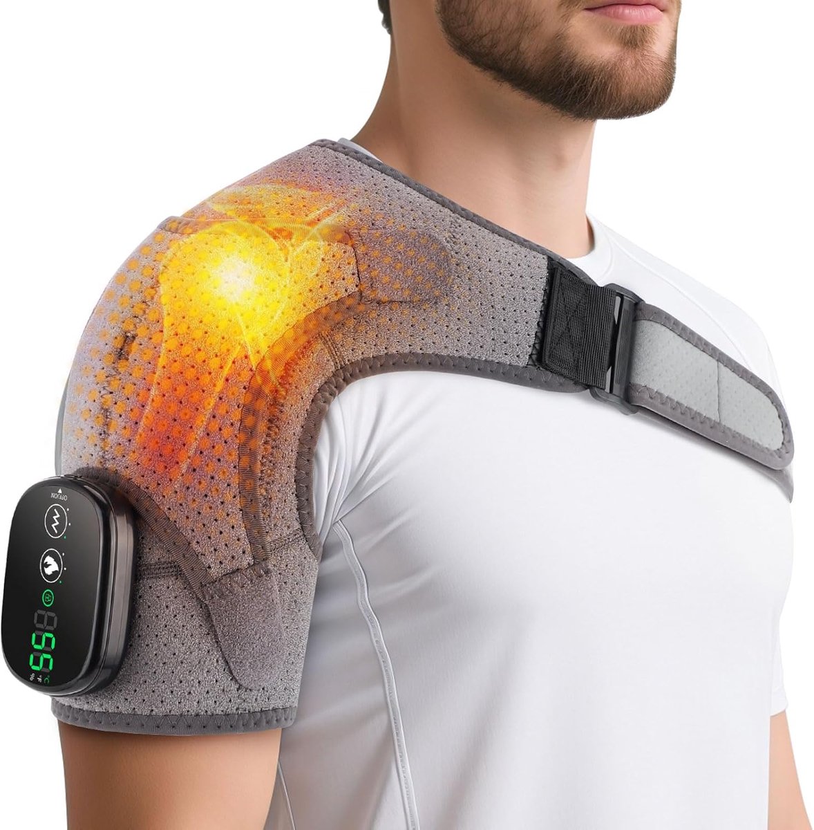 Verwarmde schoudermassager van 2500 mAh met vibrerende schouderband, zwart.