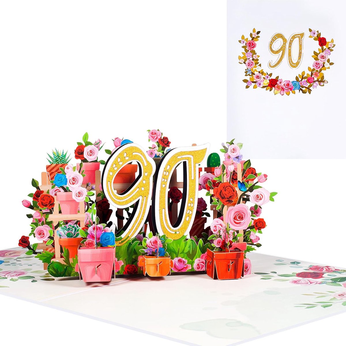 90e verjaardag, pop-upkaart voor verjaardagsfeest, 3D-bloemen, wenskaarten voor verjaardag, jubileum, vouwkaart, met bericht en envelop