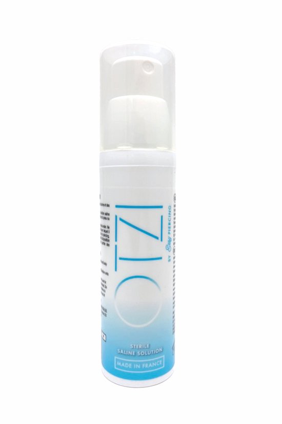 Flesje van 50 ml met witte pompdispenser. Blauwe opdruk met 'Sterile Saline Solution'.