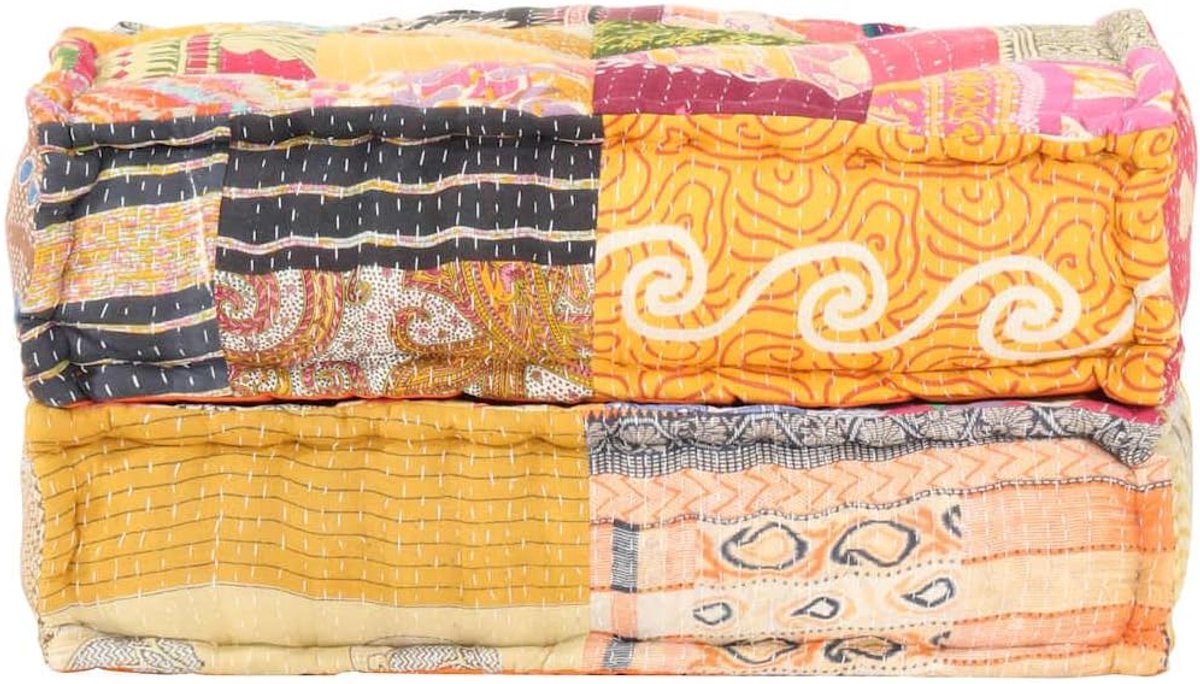 60x70x36 cm van zachte stof, voetensteun en bankkussen in één, patchwork-design varieert per stuk, max. 110 kg belastbaar