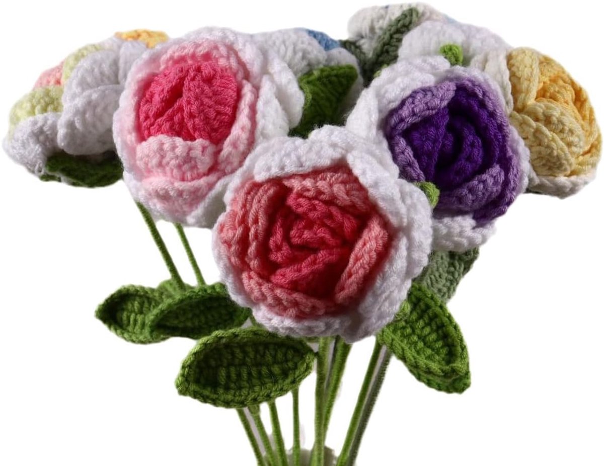 gehaakte bloemen - Set van 9 gesimuleerde meerkleurige gebreide bloemen met kleurverlooprozen