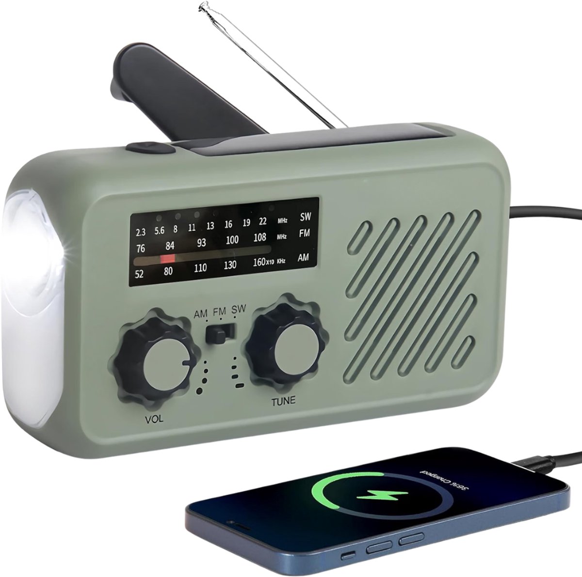 Verte - Noodradio - FM/AM/SW - Werkt Op Zonne-Energie En Met Handzwengel - 2000 Mah Ultracompacte Powerbank - Draagbare Noodradio - SOS-Alarm - LED-Zaklamp En Leeslamp - Hoofdtelefoonaansluiting - Voor Kamperen En Camping