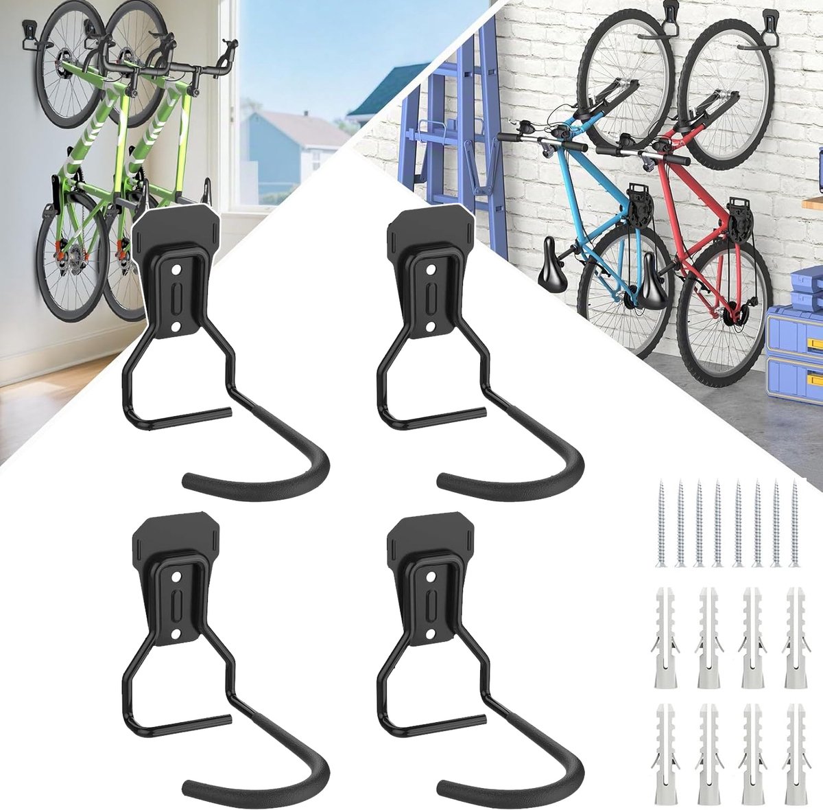 Fietsmuurbeugel Met Vaste Haak - 4-Delige Fietsendrager - Verticale Fietsendrager Voor In De Garage - Fietsophangbeugels