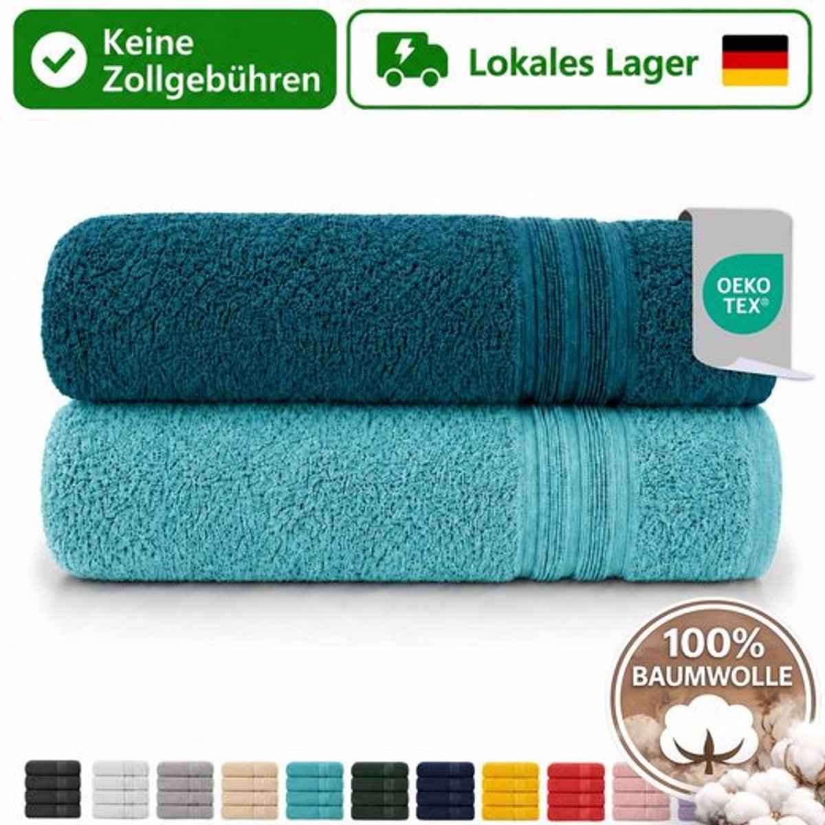 Komfortec Set van 2 Badhanddoek 100x200 cm van 100% Katoen, XXL Saunahanddoek, Grote Douchehanddoek, Zacht & Absorberend, Petroleumblauw&Wit