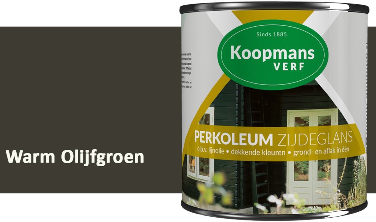Koopmans Perkoleum Zijdeglans Dekkend – Houtverf Buiten – Dekkende Beits voor Schutting & Gevel – Elastisch & Weerbestendig – 750 ml – Warm Olijfgroen