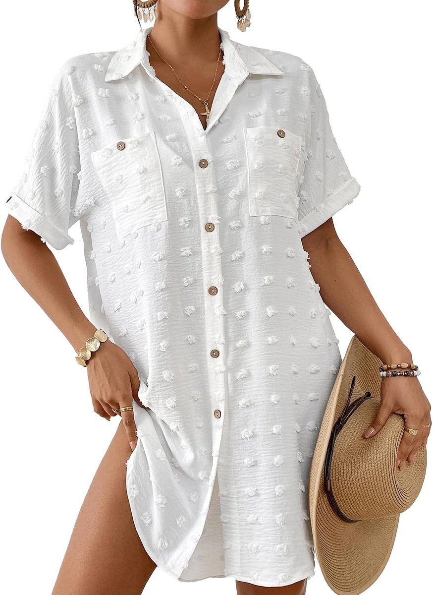 Gebreide strandjurk – M Polyester en Spandex Dames coverup met knoopsluiting en zakken