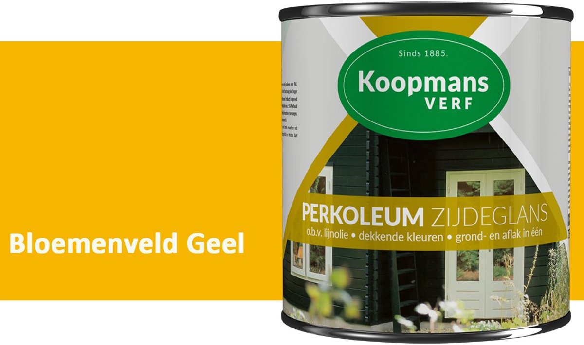 Koopmans Perkoleum Zijdeglans Dekkend – Houtverf Buiten – Dekkende Beits voor Schutting & Gevel – Elastisch & Weerbestendig – 750 ml – Bloemenveld Geel