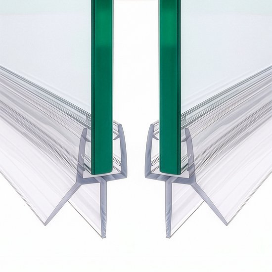 Twee transparante douchedeurstrips met verticale groeven, ontworpen voor glas van 6-8 mm.