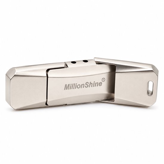 Zilverkleurige MillionShine USB-stick met draaibare dop, met de dop naar beneden gericht.