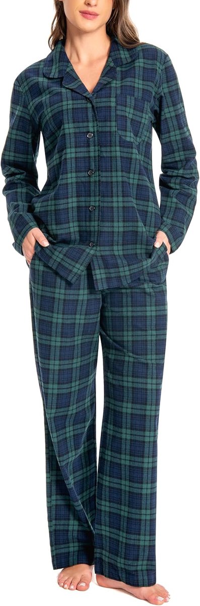 Pyjama dames 100% katoen flanel pyjama set lange mouwen bovendeel met open kraag knopen lang onderste deel winter nachtkleding loungewear V-hals shirt en broek D06