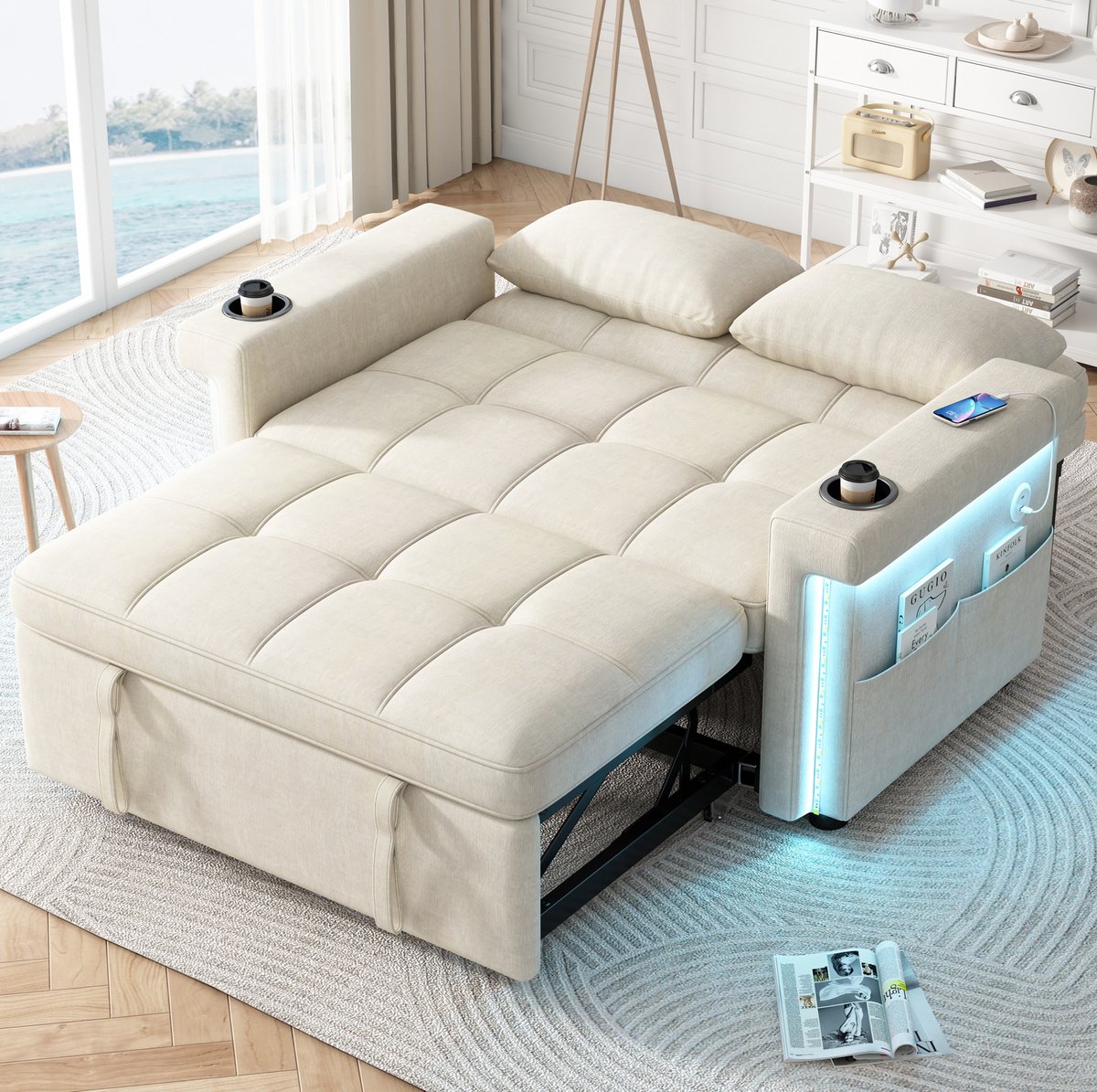 DESMIU Slaapbank 145 x 141,5 x 90 cm - 2-Zits - Slaapfunctie met LED-Verlichting, USB en Type-C - Woonkamer en Logeerkamer - Chenille Beige