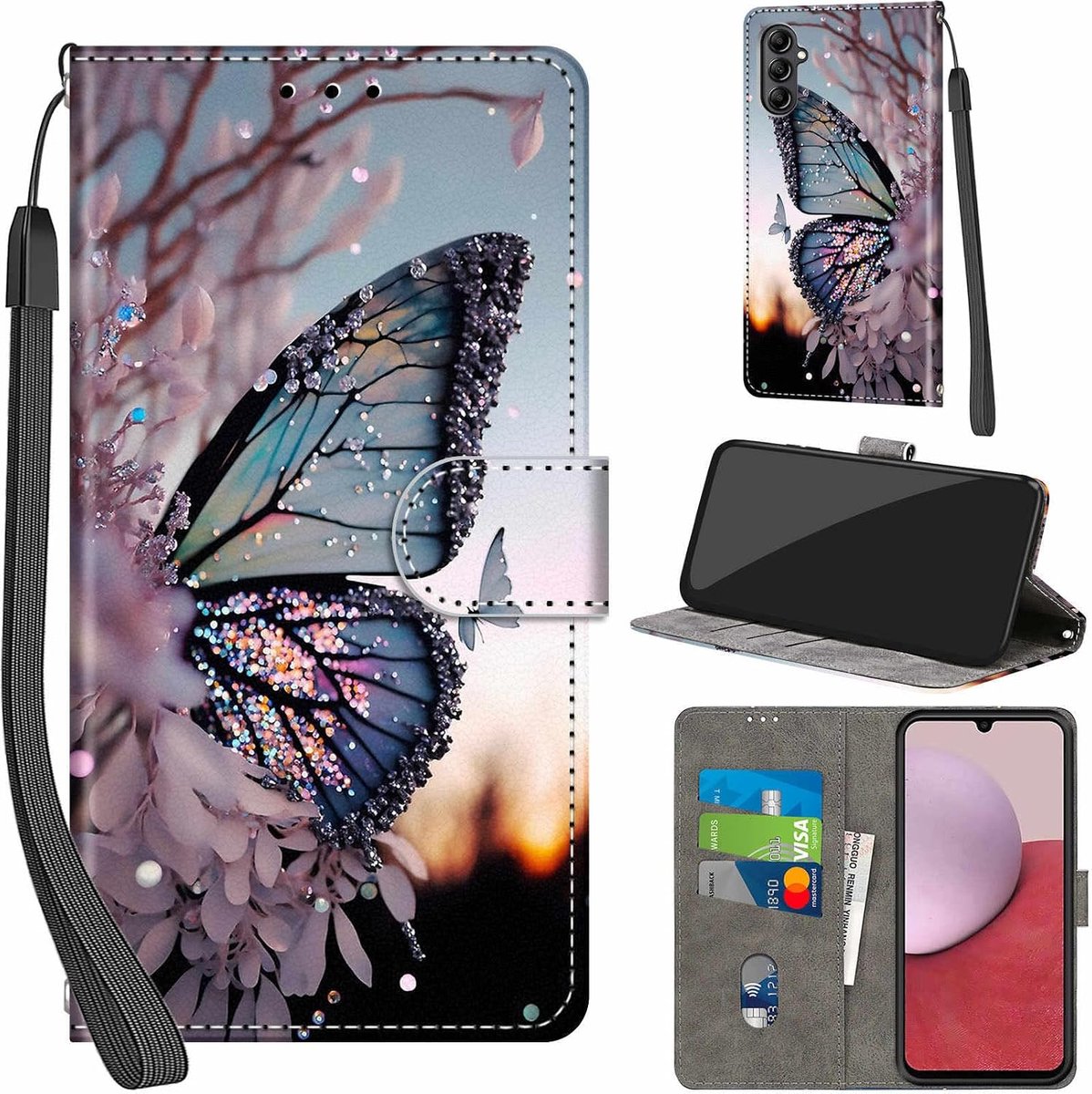 Portemonnee Telefoonhoes voor Samsung Galaxy A14 4G/5G Vlinder