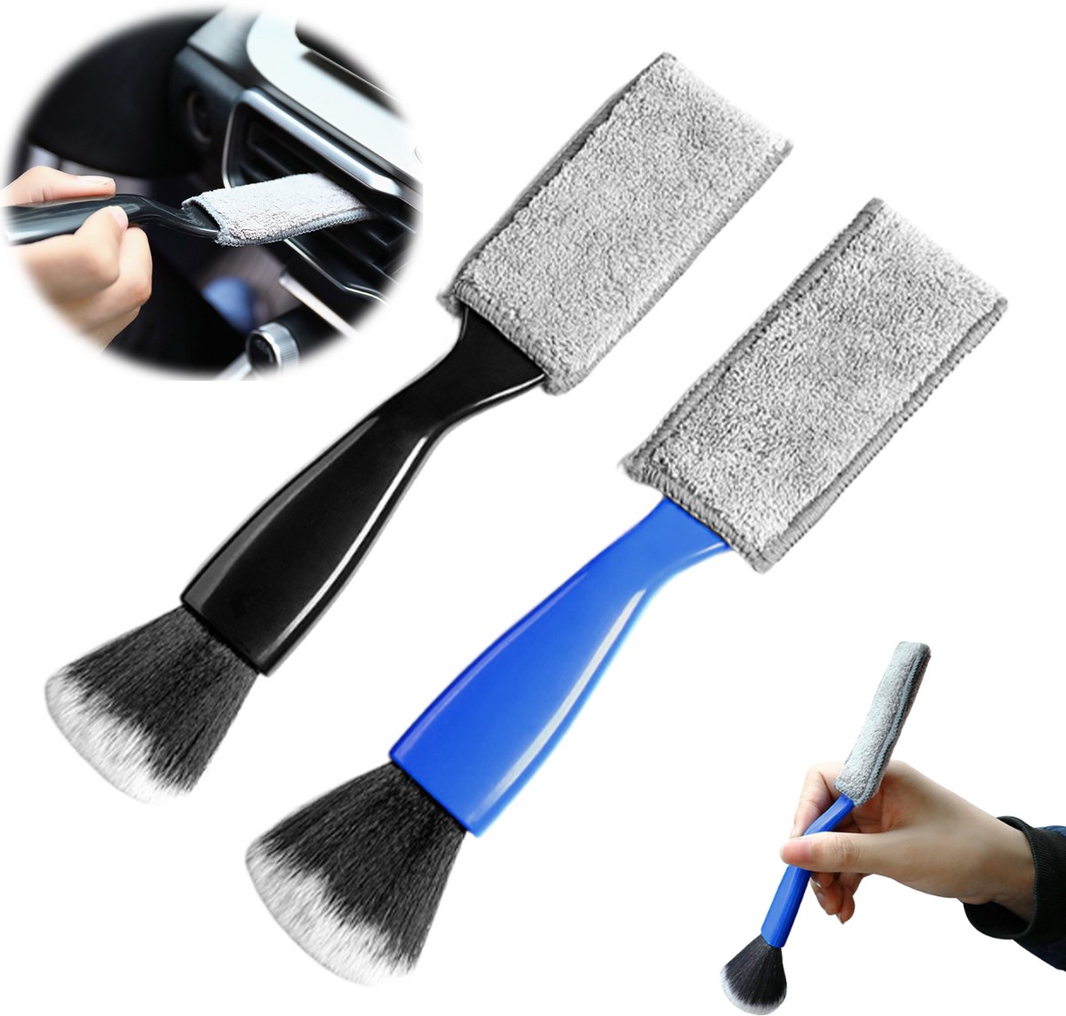 2 stuks - auto interieurborstel - autoborstel met dubbele kop - Kierenreinigingsborstel - Nylon borstelharen - Zachte stofverwijderingsborstel - Blauw + Zwart - 22 cm x 5 cm - Gedetailleerde Reiniging voor Auto Interieur en Huishoudgebruik