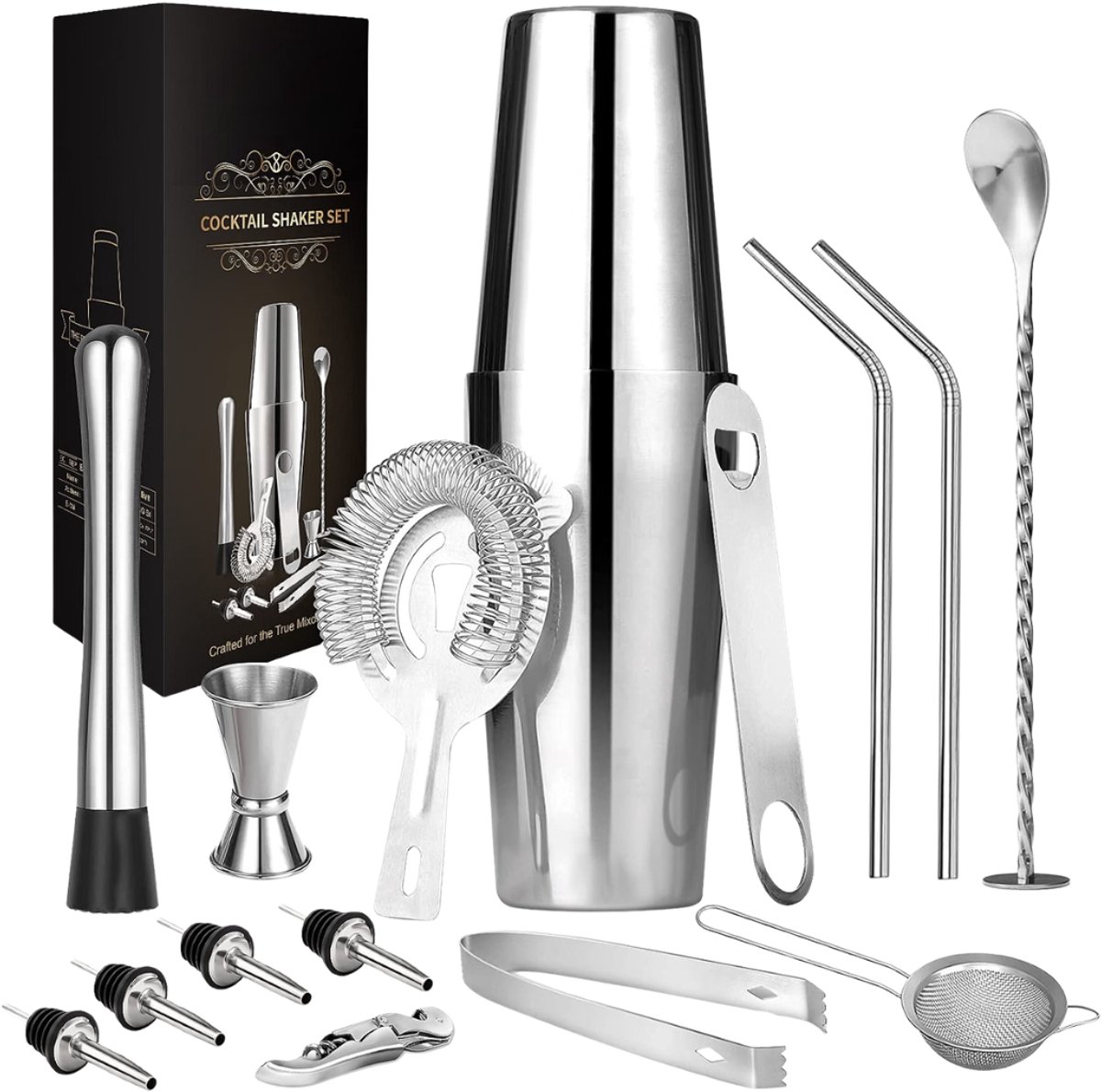 Verte - Cocktail Shaker Set - Roestvrij Staal 750 Ml - Professionele Baraccessoires (15-Delig) - Cadeauset Met Barbenodigdheden Voor Thuisfeestjes - Voor Het Mixen Van Drankjes