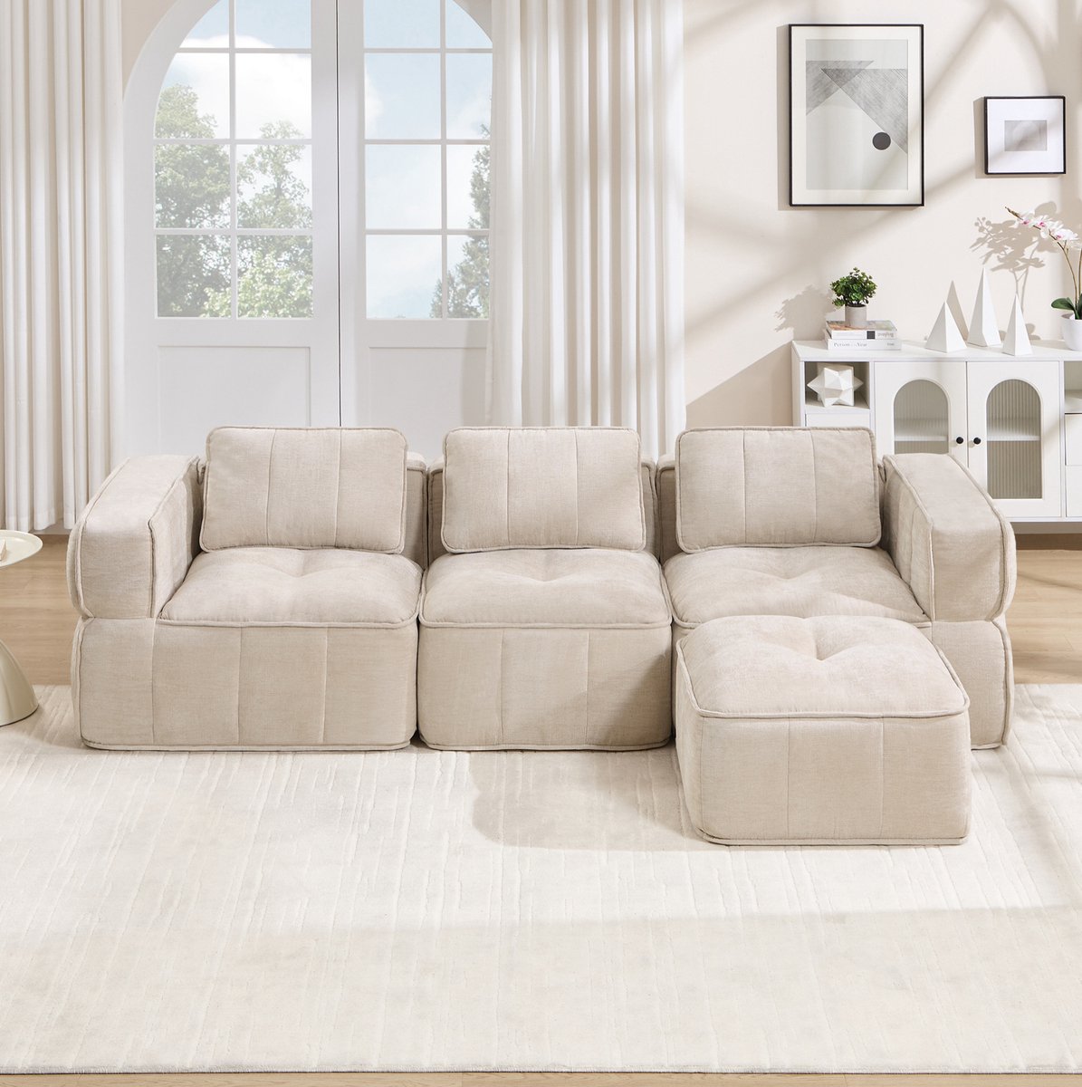 MODFU Sofa - Hoekbank - 3-Zits - L-Vormig - Met Hocker - Beige - Polyester - 271×162×67 Cm