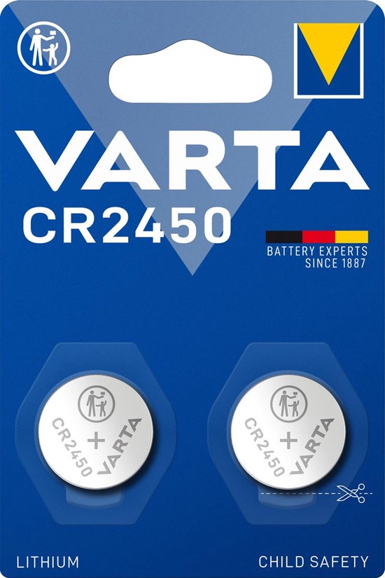 Verpakking met twee Varta CR2450 lithium knoopcelbatterijen, met kinderbeveiliging.