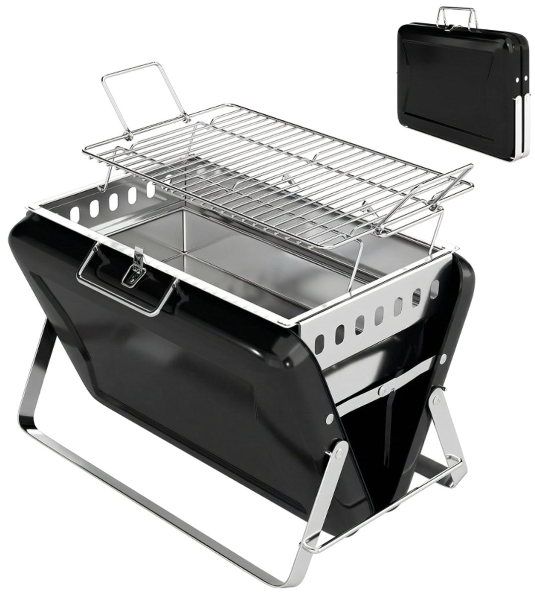 Barbecue 40x28x25,5cm Zwart Metaal Draagbare barbecue Buiten barbecue Opvouwbaar Makkelijk te verplaatsen Stevig en duurzaam Praktisch en mooi Te gebruiken bij kamperen, in de tuin en buitenshuis