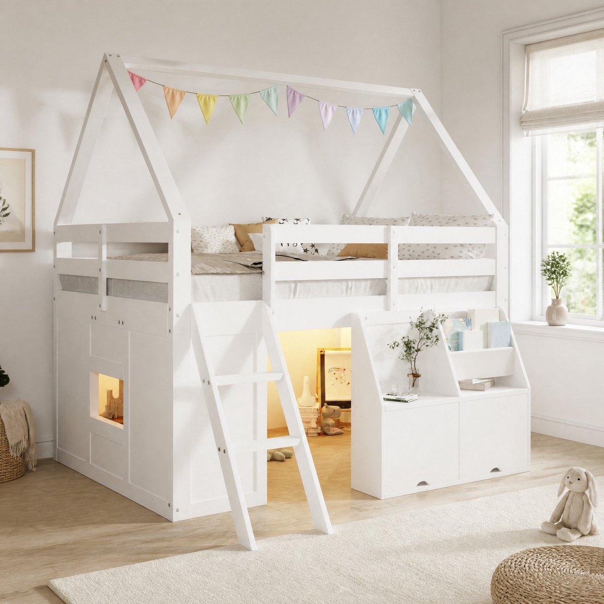 MODENUIT Hoogslaper Huisvorm – 140 x 200 cm – Hout – Wit – LED-verlichting – Trap – Opbergruimte – Voor Kinderen