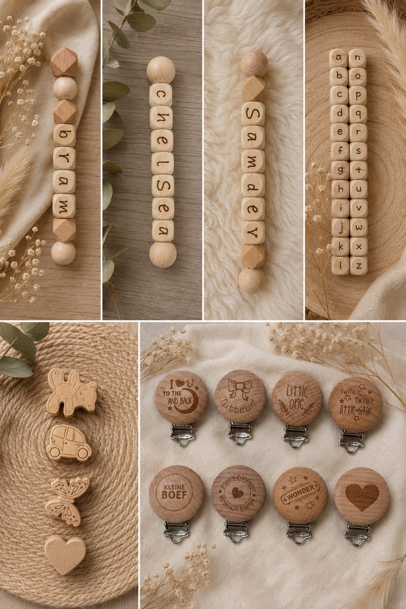 Houten speenkoord met naam | Gekleurde kralen | Uniek lettertype | Blank hout | verschilleden clips | Gekleurd lettertype |