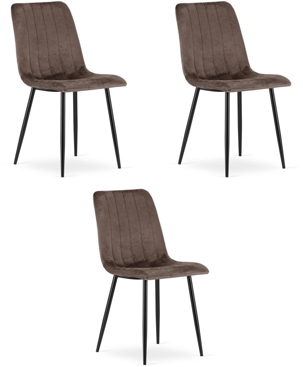 Set van 3 Eetkamerstoelen LAVA - Donkerbruin fluweel - Zwarte metalen poten - Modern design