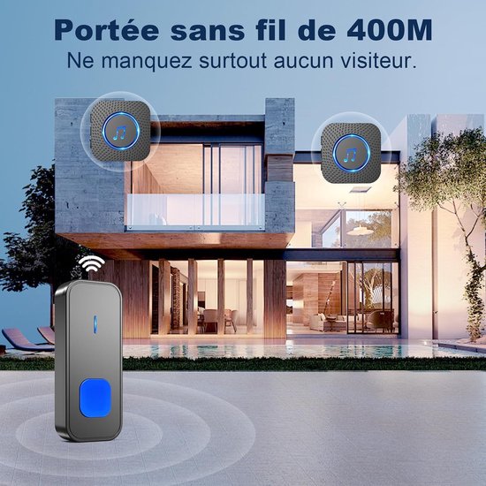 Draadloze Deurbelset met 400M Bereik en 2 Ontvangers - Waterdicht met 55 Melodieën en 5 Volumes — afbeelding 5