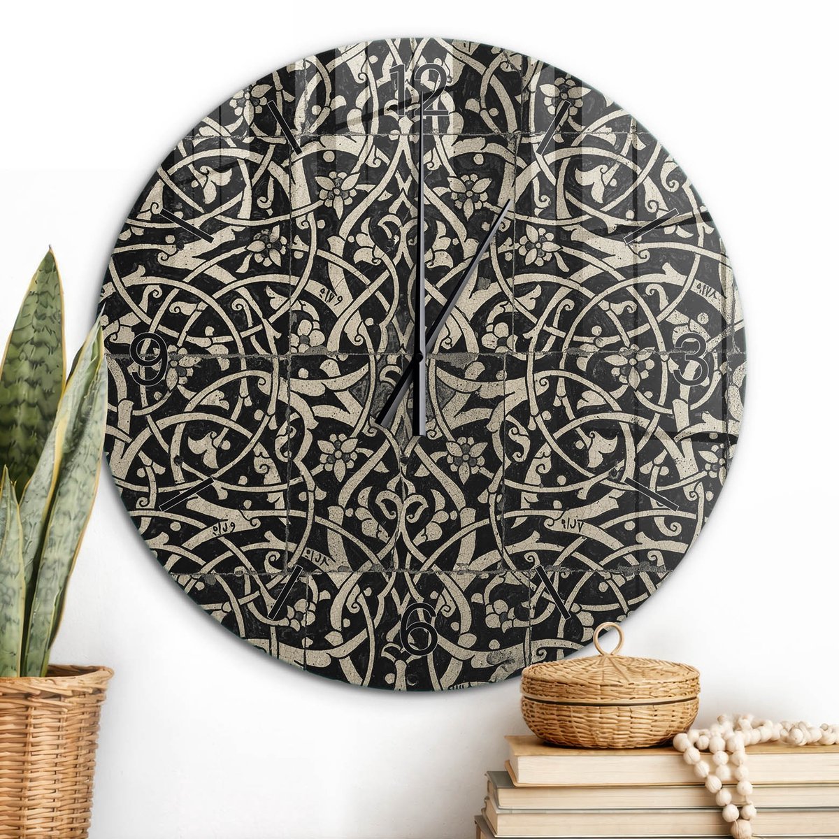 ArtPrintCave Zwart Glazen Klok - Wandklok 60 cm - Muurklok Rond - Etnische Ornamenten Wandklok Keuken - Kunst Unieke Klok - Zwarte Klokwijzers