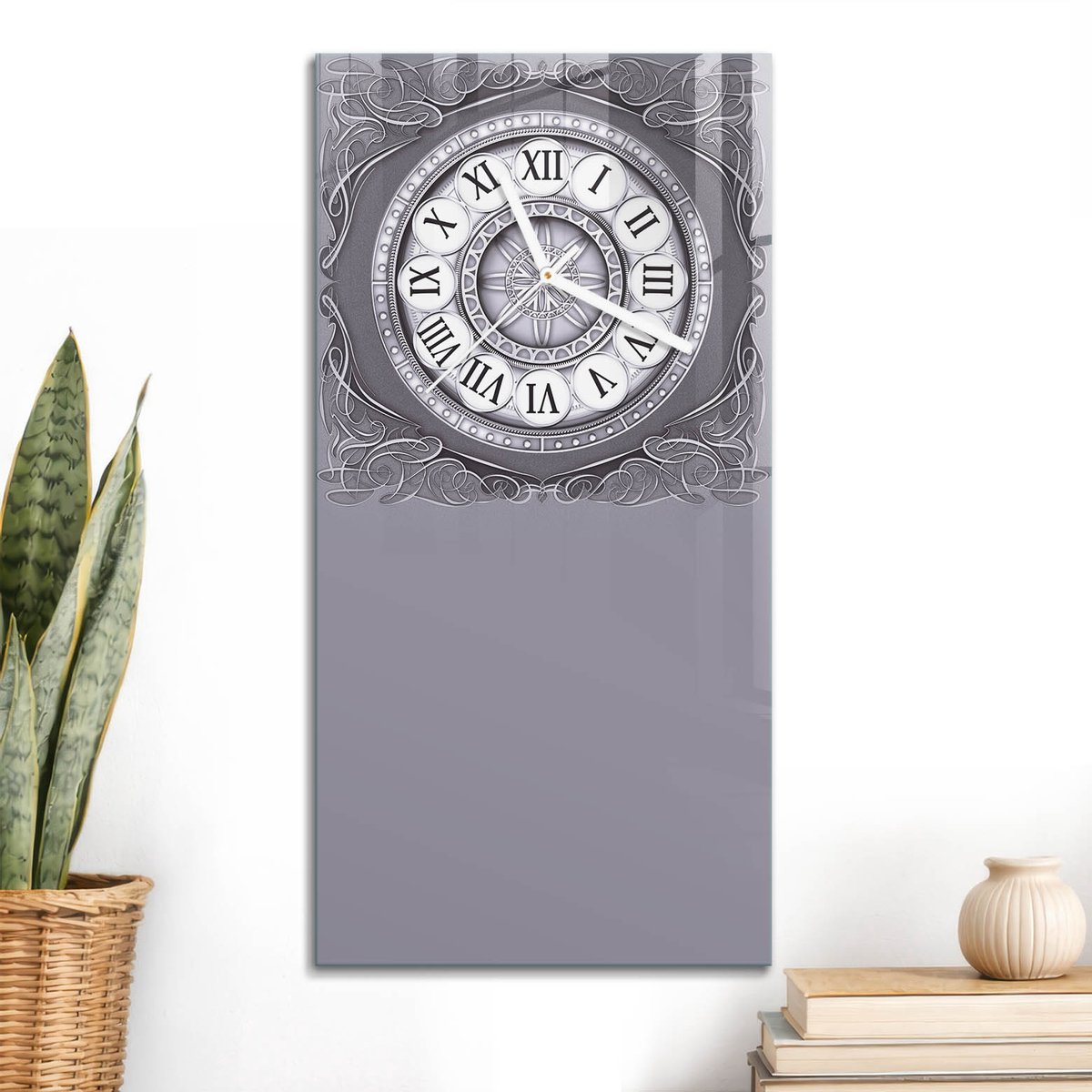 ArtPrintCave Grijs Glazen Klok - 30x60 cm - Rechthoekige Wandklok - Sierklok Stille Wandklok - Geometrie Wandklok Keuken - Witte Klokwijzers