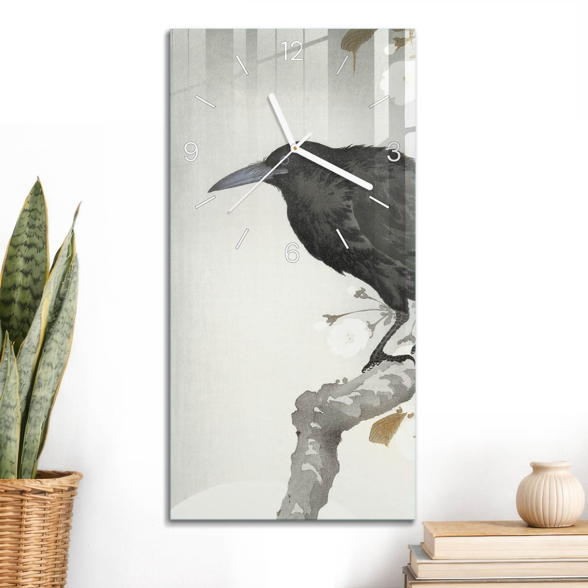 ArtPrintCave Grijs Glazen Klok - 30x60 cm - Rechthoekige Wandklok - Een Raaf Op Een Tak Stille Wandklok - Natuur Wandklok Keuken - Witte Klokwijzers