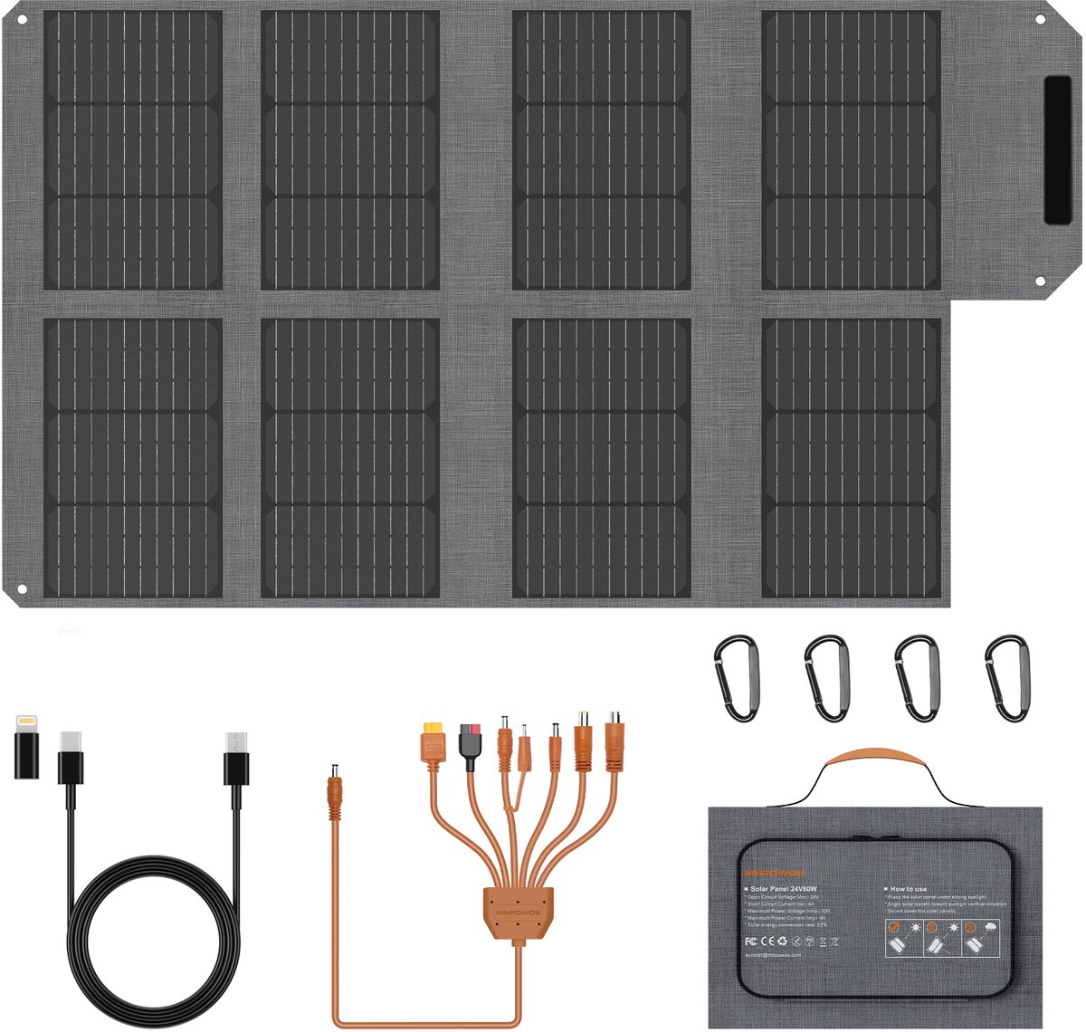 80W Opvouwbaar Zonnepaneel, 23% Hoog‑rendement Monokristallijn ETFE Zonneoplader, USB‑A USB‑C DC‑uitgang IP67 Waterbestendig voor Kamperen Camper Wandelen Noodvoeding