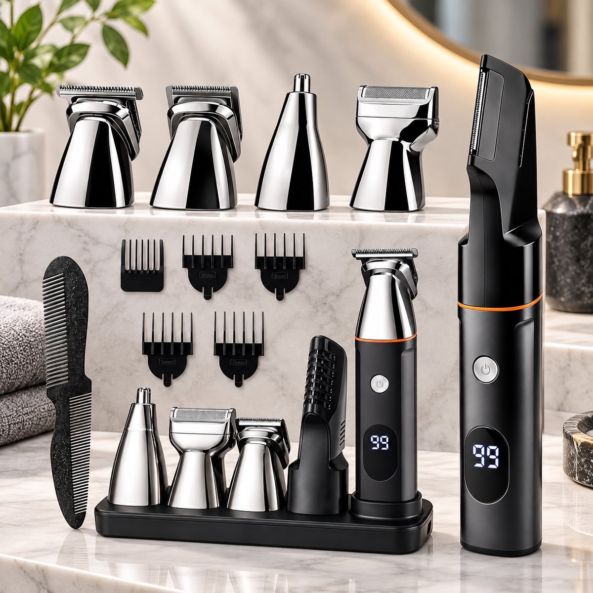 Tondeuse voor Mannen – Baardtrimmer en Haartrimmer – 6-in-1 Tondeuse met Digitaal Display – Elektrisch Scheerapparaat met Magnetische Opzetstukken – Neushaartrimmer en Precisietrimmer – 5 Opzetkammen en Laadstation