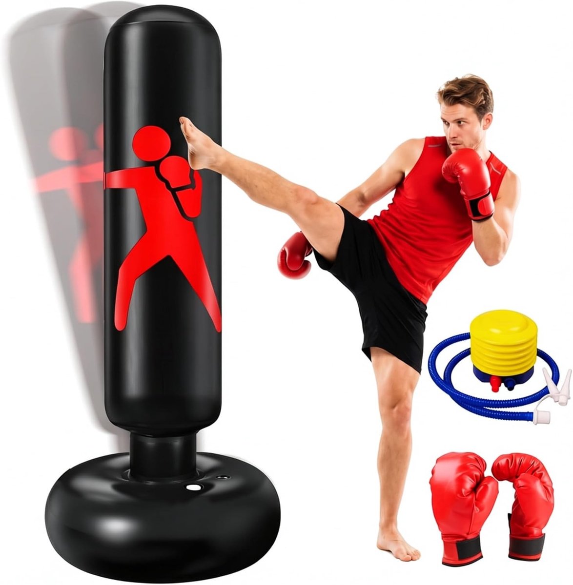 Boksbal standaard - Zwart - 160 x 63 cm - Opblaasbare PVC bokszak voor kinderen - Voor binnen en buiten