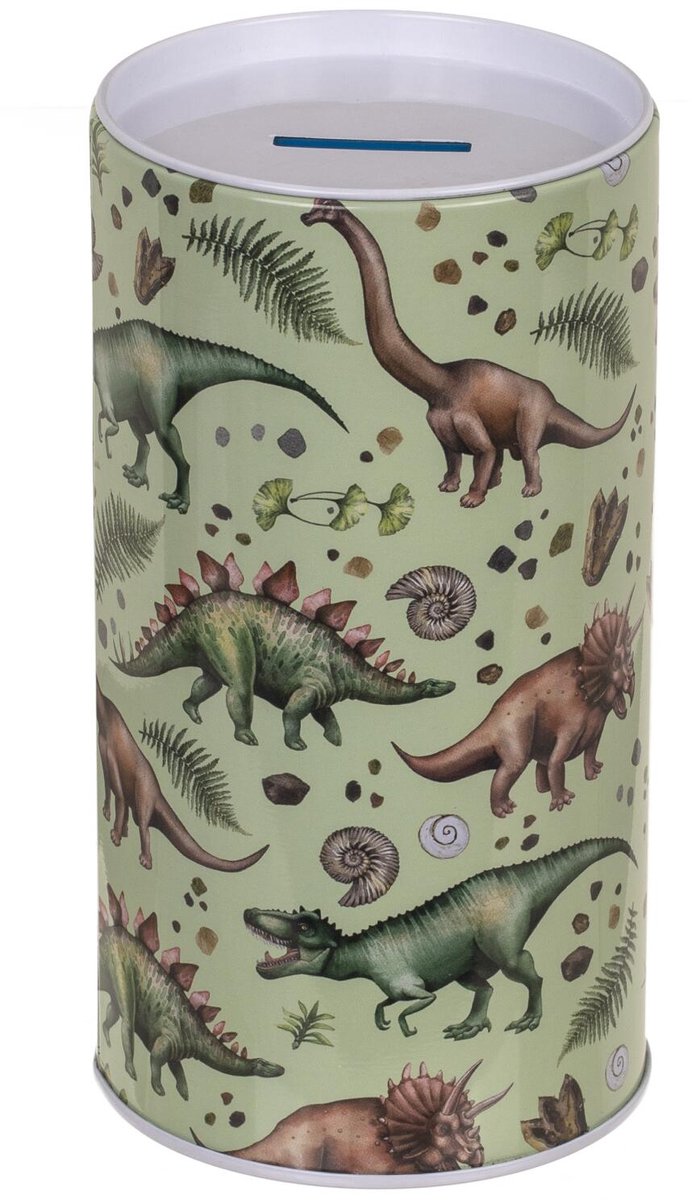 Out of the Blue Spaarpot blik - dinoaurus thema - groen - leren sparen - D8 x 16 cm - met geluid