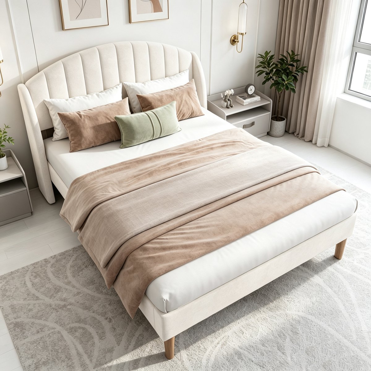 MEXUS Gestoffeerd Bed 140x190 cm, Tweepersoonsbed, Fluweel, Beige, Geschikt Blikvanger Slaapkamer Worden Algehele Stijl van de Kamer te Versterken (Matras Niet Inbegrepen)
