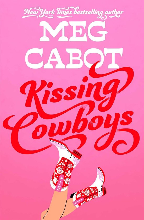 Couverture de livre avec fond rose et le titre 'Kissing Cowboys' en lettres rouges. Deux bottes de cow-boy à motif de roses sont portées.