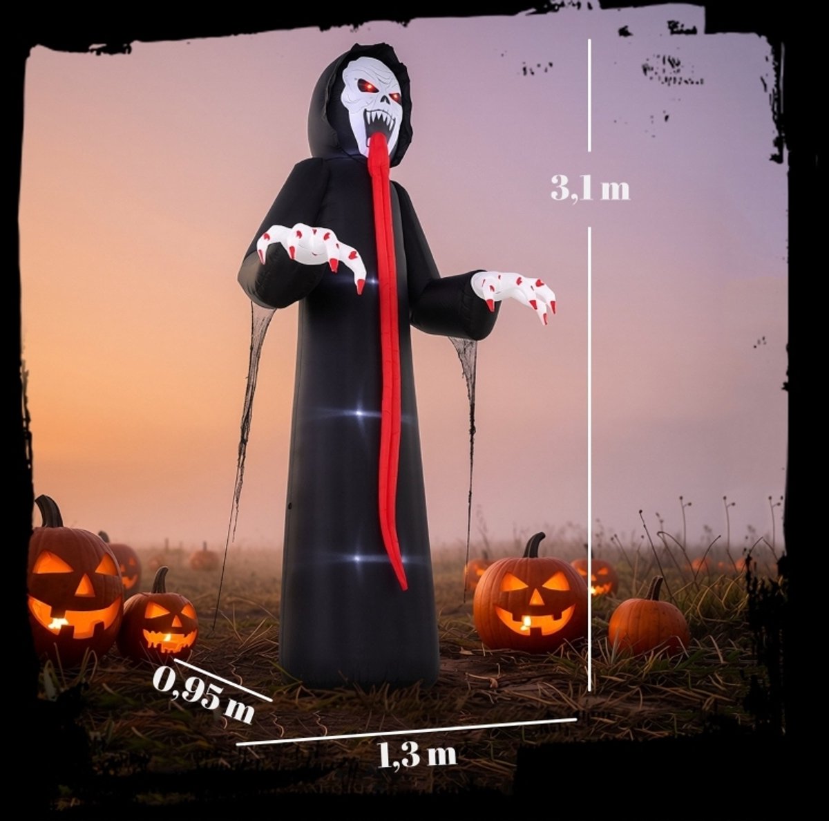 OKWISH Opblaasfiguur Halloween Skelet – 310 cm – Geïntegreerde Ledverlichting – 210T Polyester – Zwart – Binnen Buiten – Snelle Opbouw