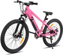 Roze kinder e-mountainbike met zwarte voorvork, wielen en zadel.